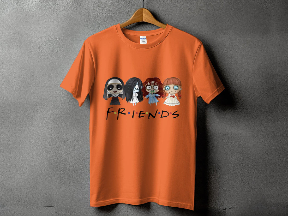 Orange t-shirt with four horror characters and "FRIENDS" logo.