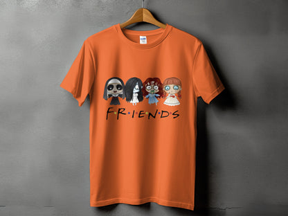 Orange t-shirt with four horror characters and "FRIENDS" logo.