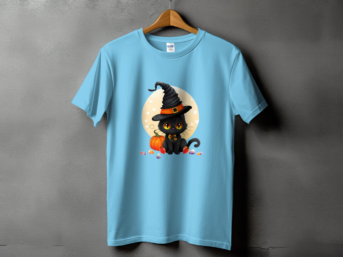 Light blue t-shirt with a black cat in a witch hat, pumpkin, and candy graphic.