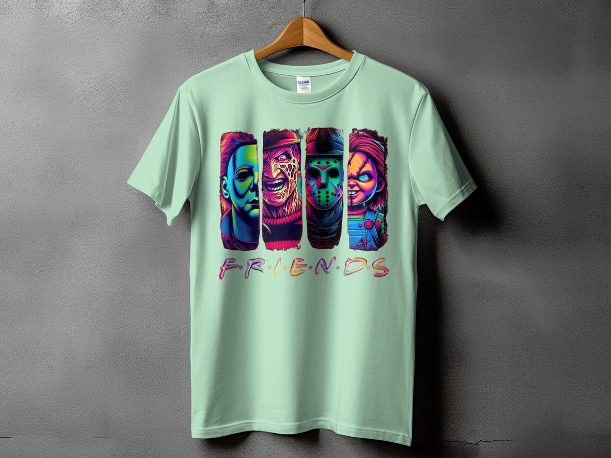 Light mint t-shirt with horror villains and "FRIENDS" text.