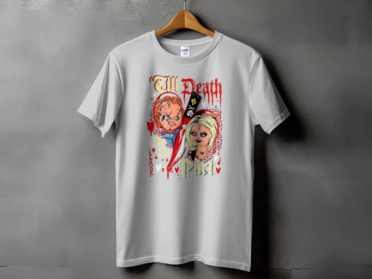 Chucky and Tiffany dolls with "Till Death Do Us Part" text on a white t-shirt.