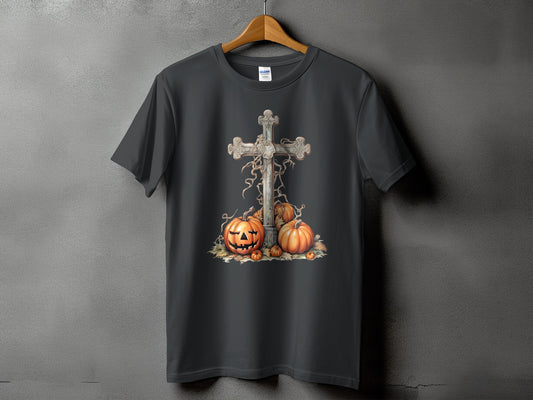 Dark gray t-shirt with a Halloween cross and pumpkins graphic design.