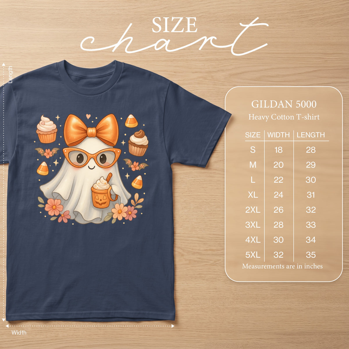 Gildan 5000 heavy cotton t-shirt with a cute ghost graphic and size chart.