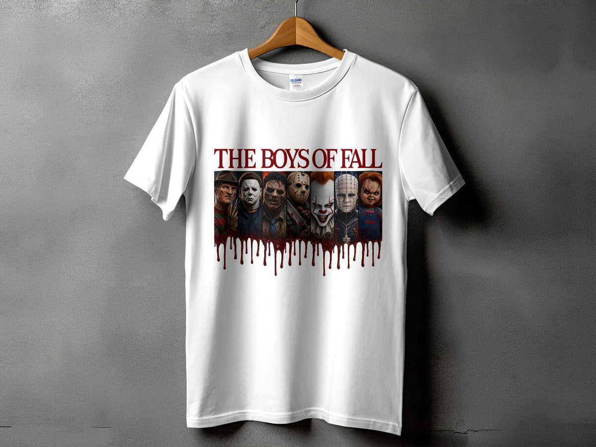 White t-shirt with "The Boys of Fall" and horror characters graphic.