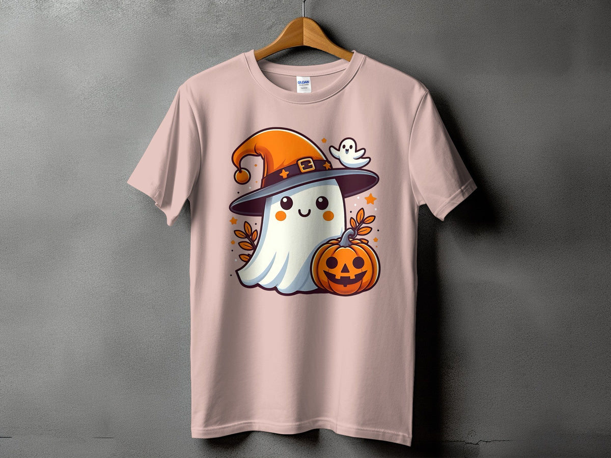 Ghost with witch hat, holding pumpkin and flying with a small ghost.
