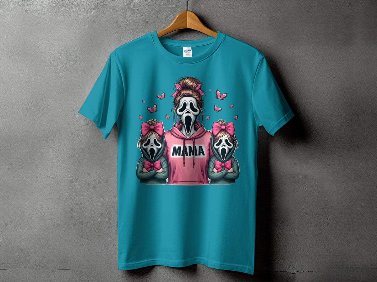Teal t-shirt with "Mama" text and ghost masks with pink bows and butterflies.
