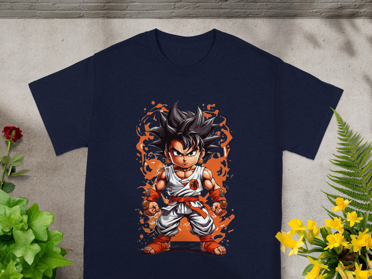 Dark navy t-shirt featuring an illustration of Super Saiyan Goku in battle stance.
