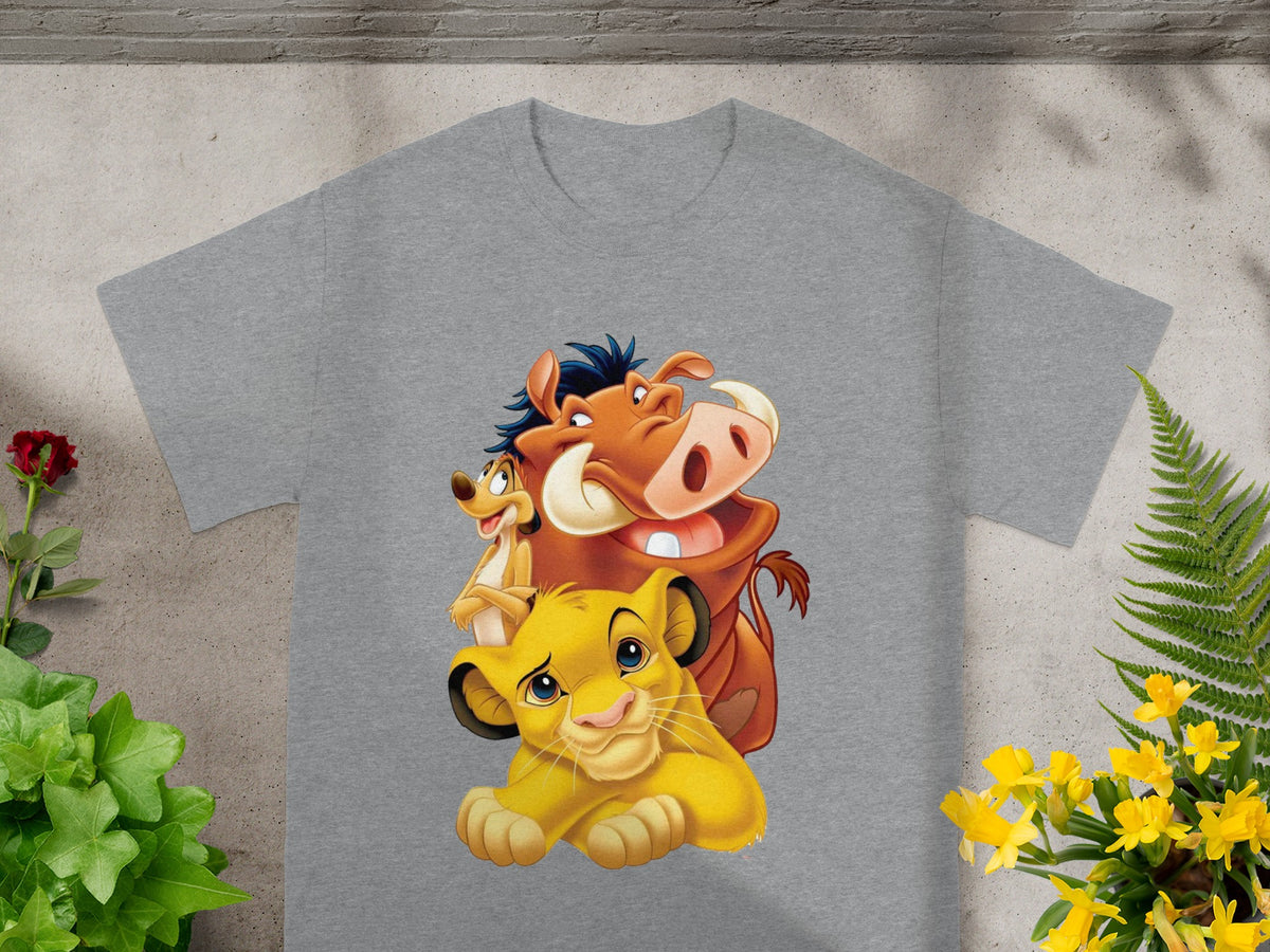 Simba, Timon, and Pumbaa from The Lion King on a gray t-shirt.