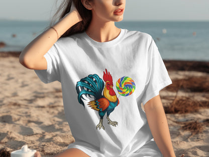 Colorful Rooster with Candy Lollipop Graphic T-Shirt