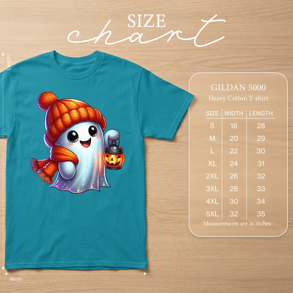 Teal Gildan 5000 t-shirt with a cute ghost graphic and size chart.