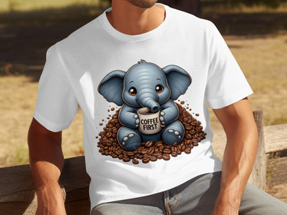 Adorable Elephant Holding Coffee First T-Shirt