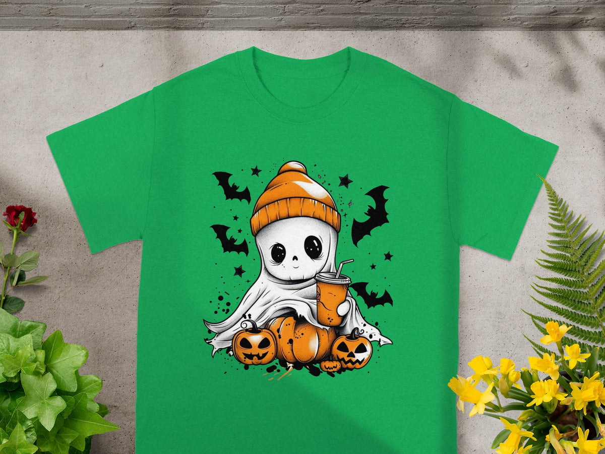 Cartoon ghost with orange beanie and drink, surrounded by pumpkins and bats.