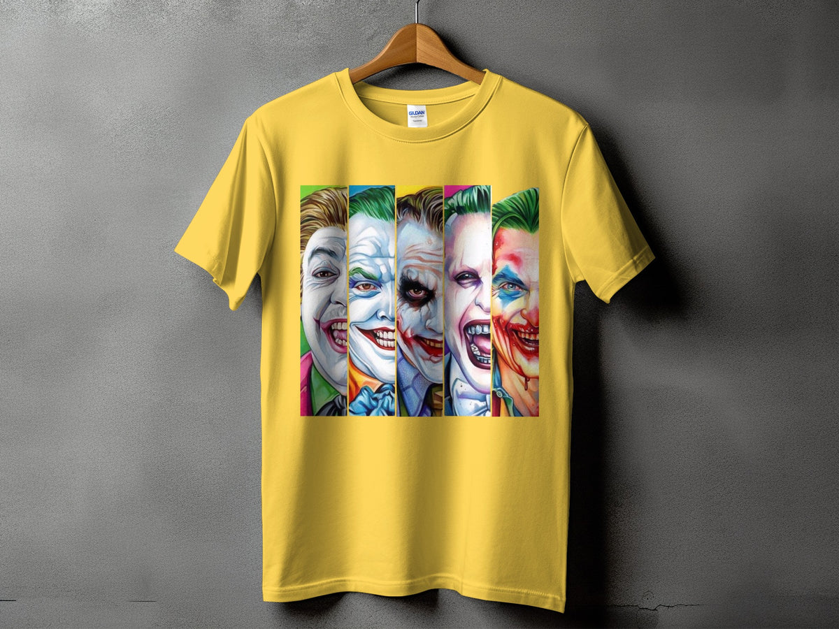 Yellow t-shirt with vertical panels of five distinct Joker faces on the front.