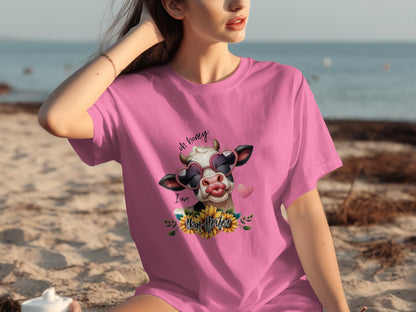 Fun Cow Graphic T-Shirt With Heart and Sunflower Design