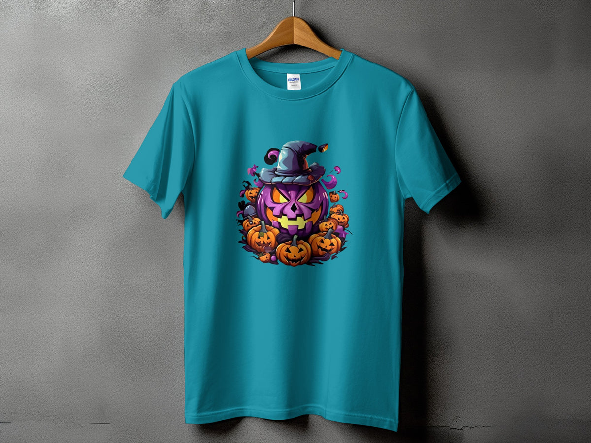 Turquoise t-shirt with a central Halloween graphic of a purple jack-o'-lantern wearing a witch hat.