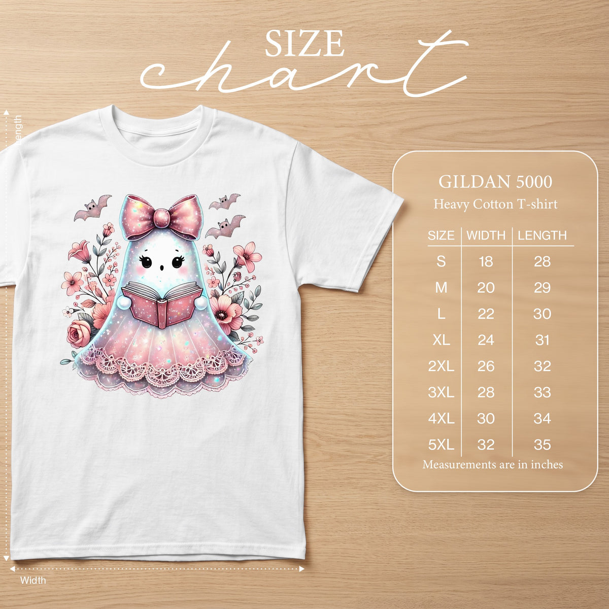 Size chart for Gildan 5000 Heavy Cotton T-shirt with measurements in inches.