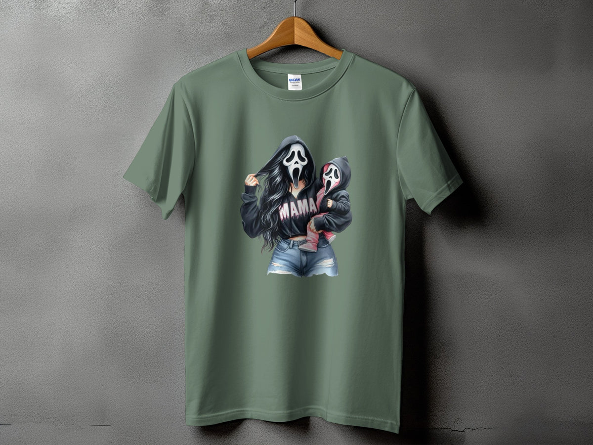 Ghostface mama and baby graphic on a green t-shirt.