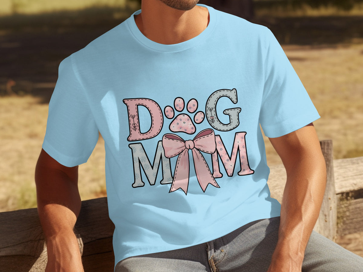 Dog Mom Graphic Tee with Pink Bow and Paw Print Design