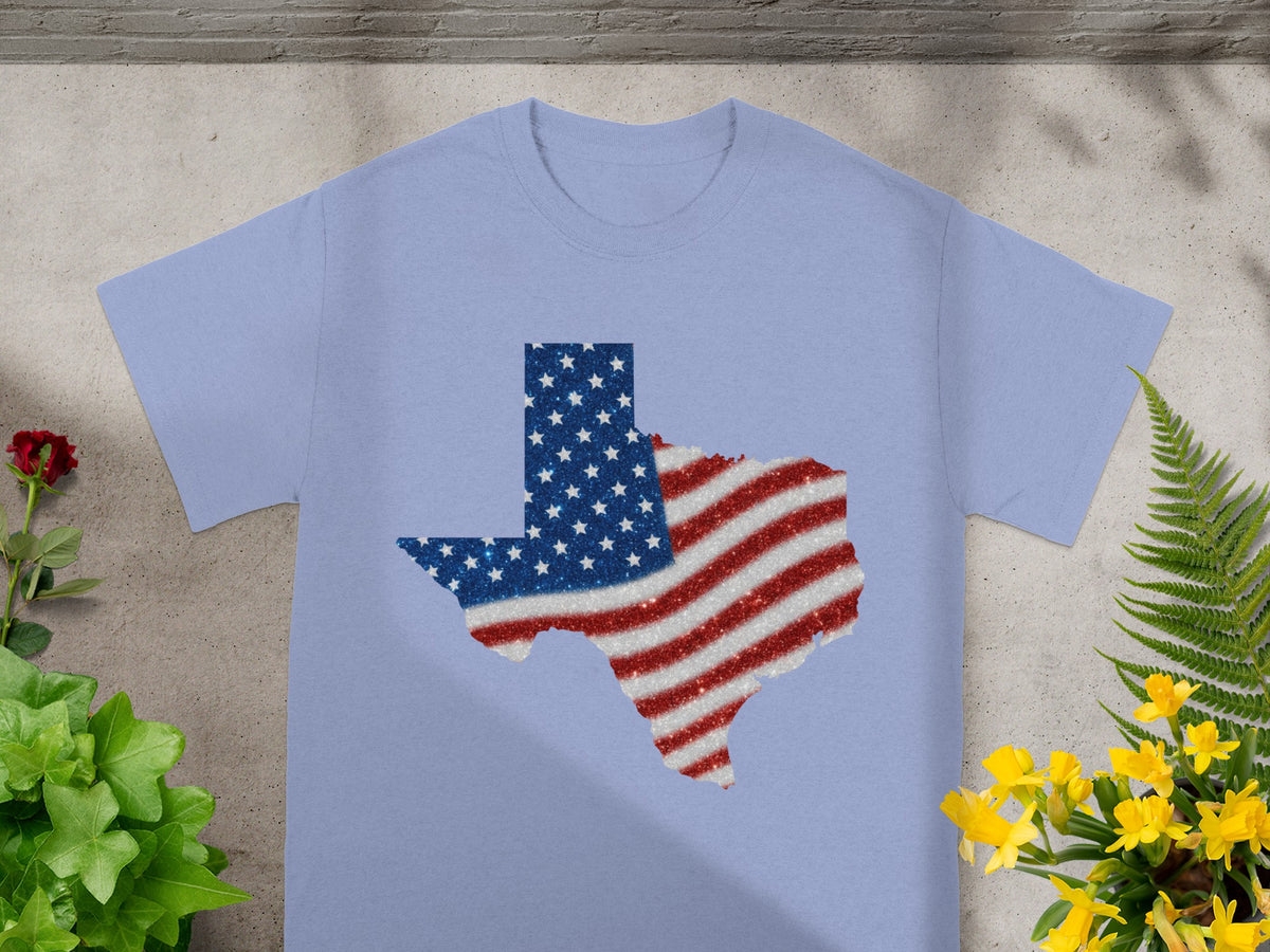 Light blue t-shirt with a glittery Texas outline filled with the American flag.