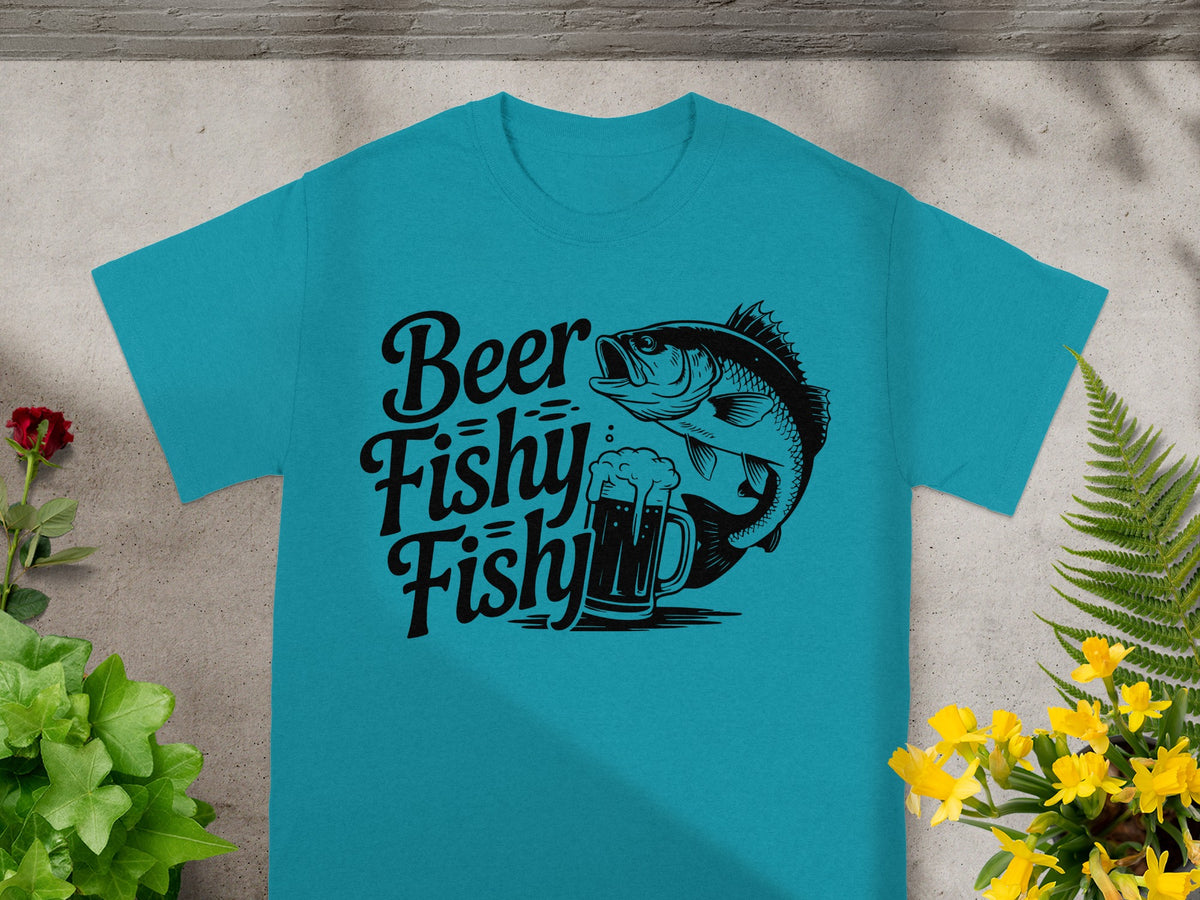 Turquoise t-shirt with black text "Beer Fishy Fishy" and a bass fish.