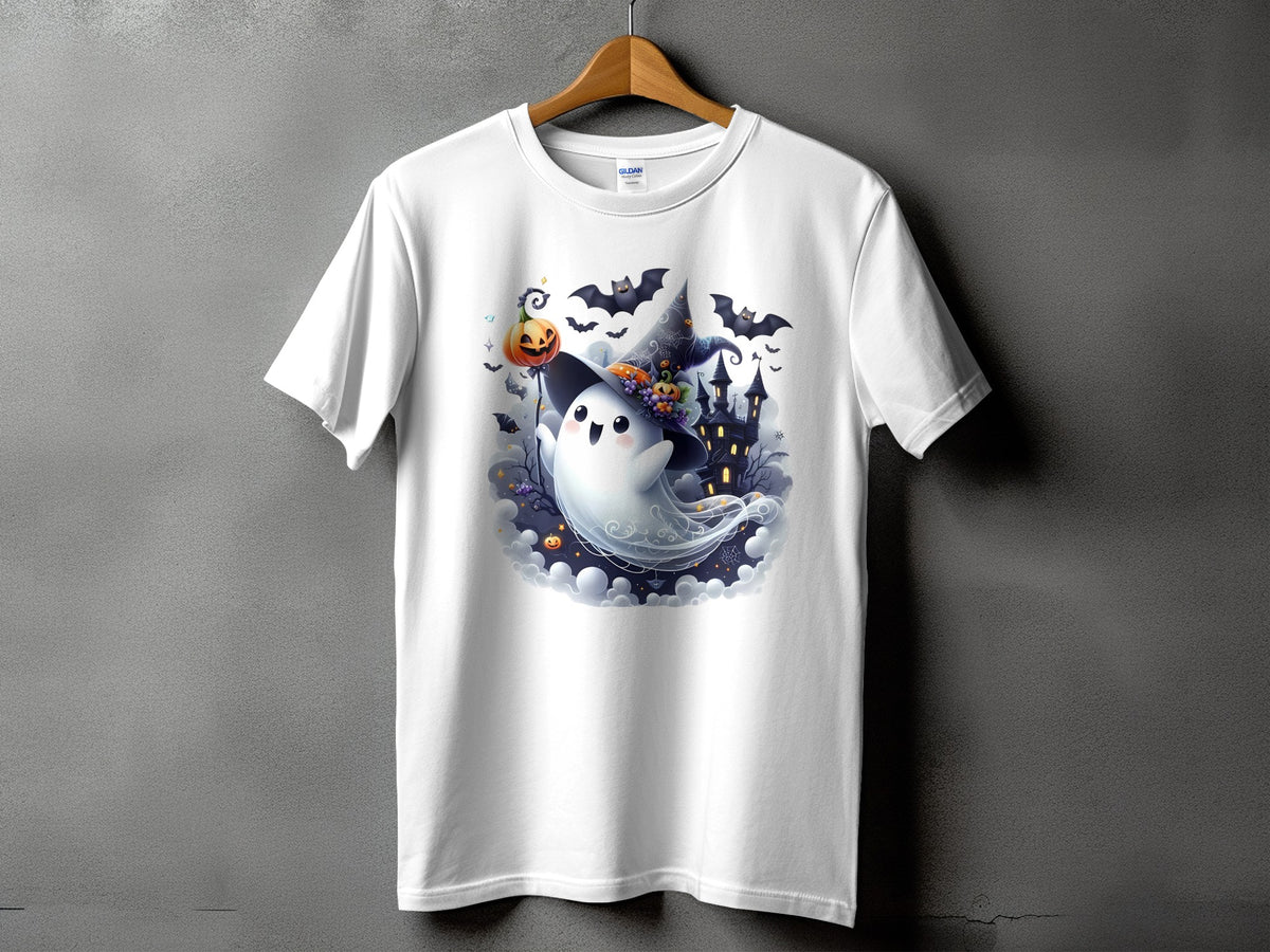White t-shirt with a cute ghost, jack-o'-lantern, bats, and haunted house Halloween graphic.