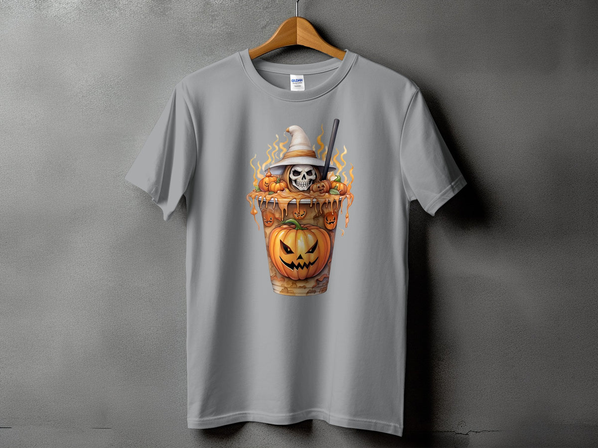 Halloween t-shirt with skull, witch hat, pumpkins, and caramel drink graphic.