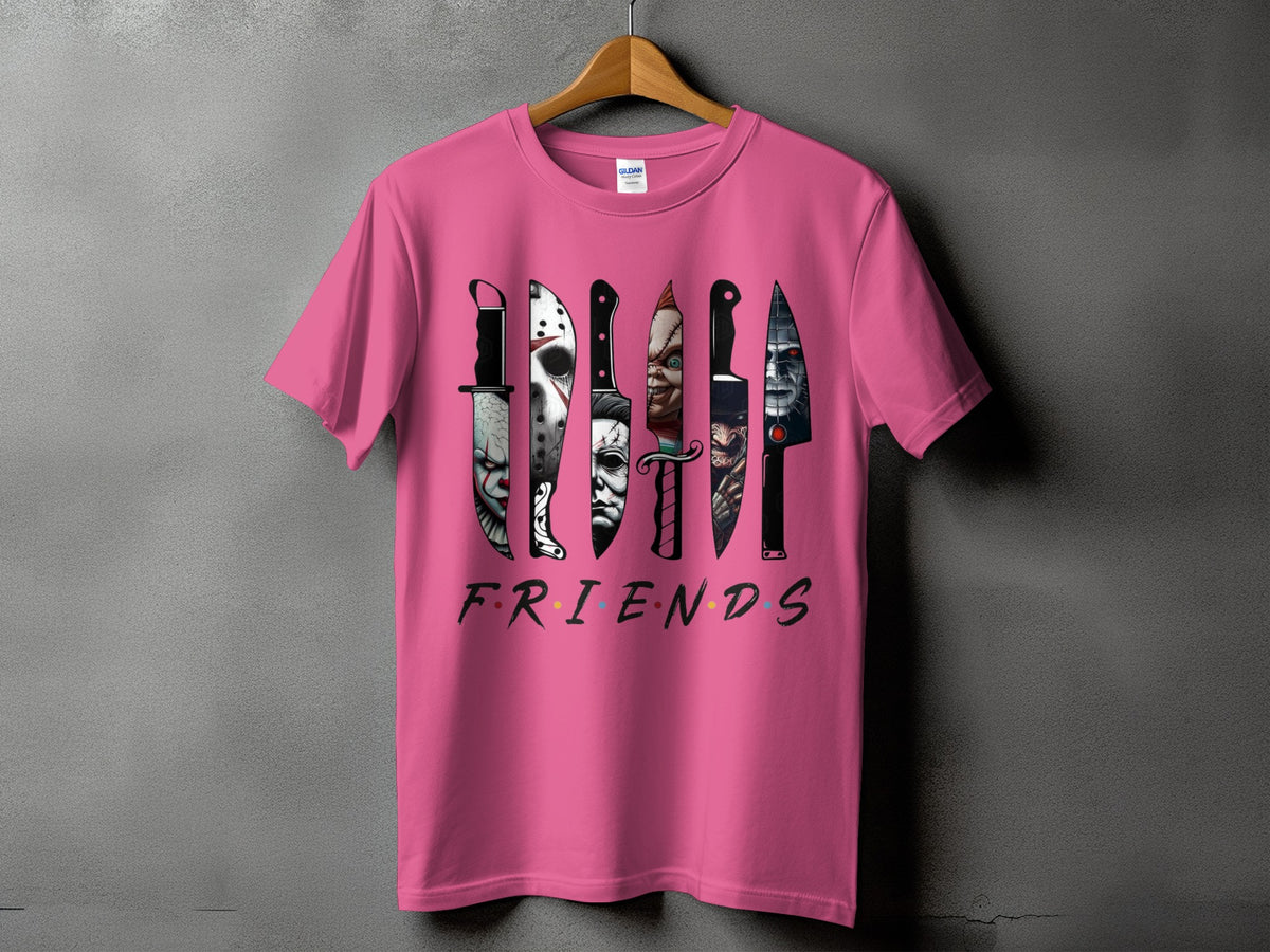 Pink t-shirt with horror movie villains' knives and the word FRIENDS.