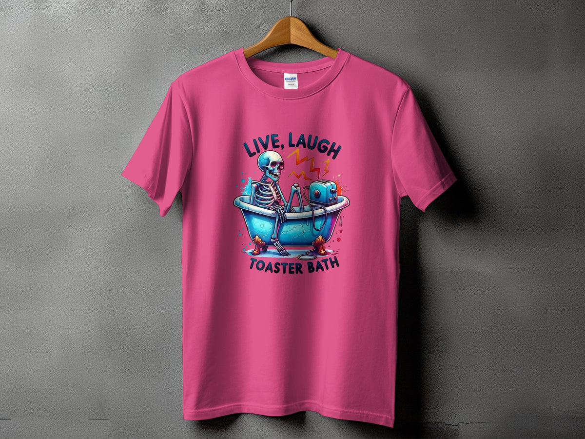 Skeleton in a bathtub with a toaster and text "LIVE, LAUGH TOASTER BATH".