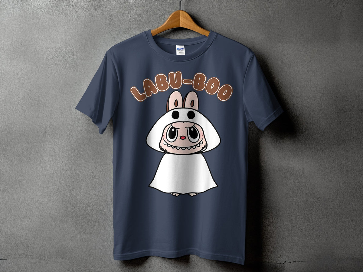 Navy t-shirt with a cartoon ghost character and "LABU-BOO" text.