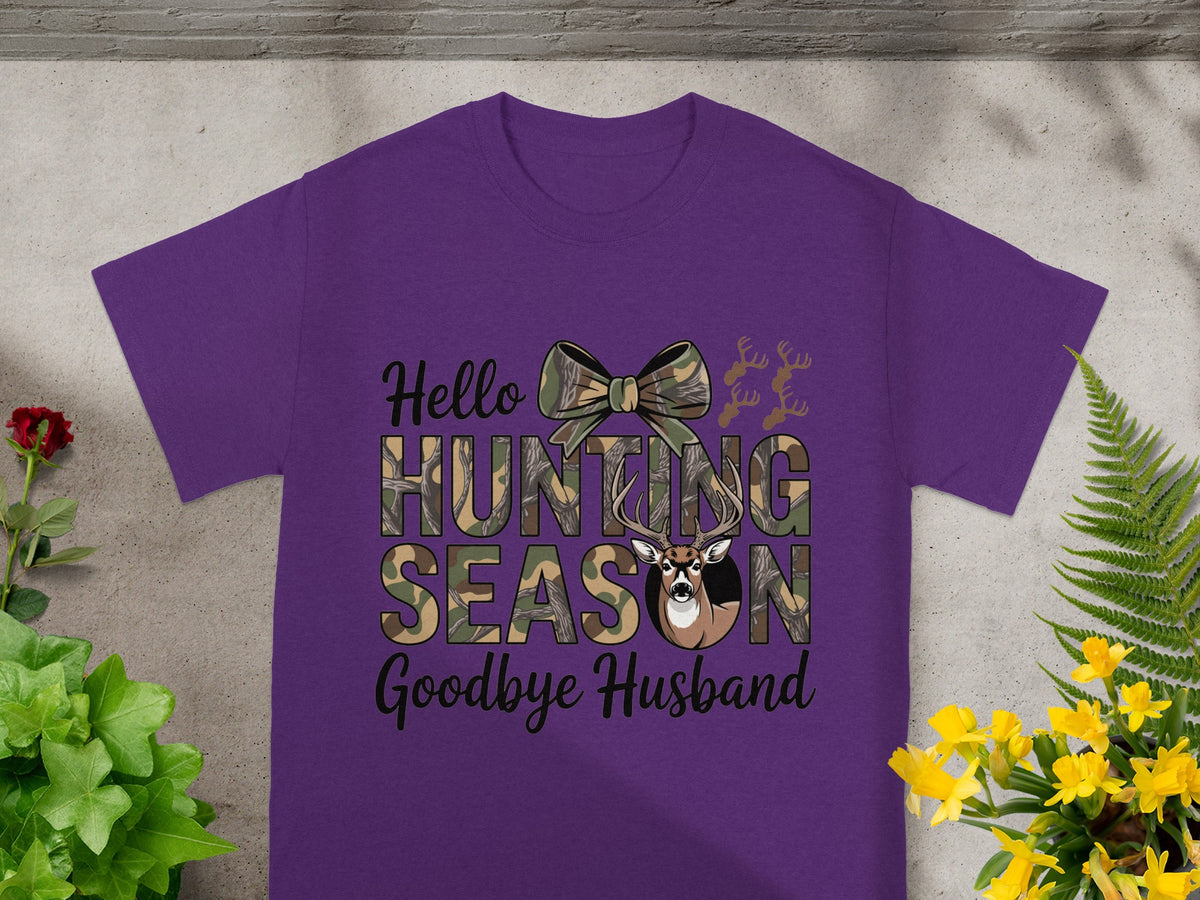 Purple t-shirt with "Hello Hunting Season Goodbye Husband" text and deer graphic.