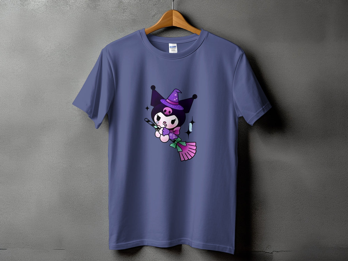 Kuromi character wearing a witch hat riding a broomstick on a purple t-shirt.