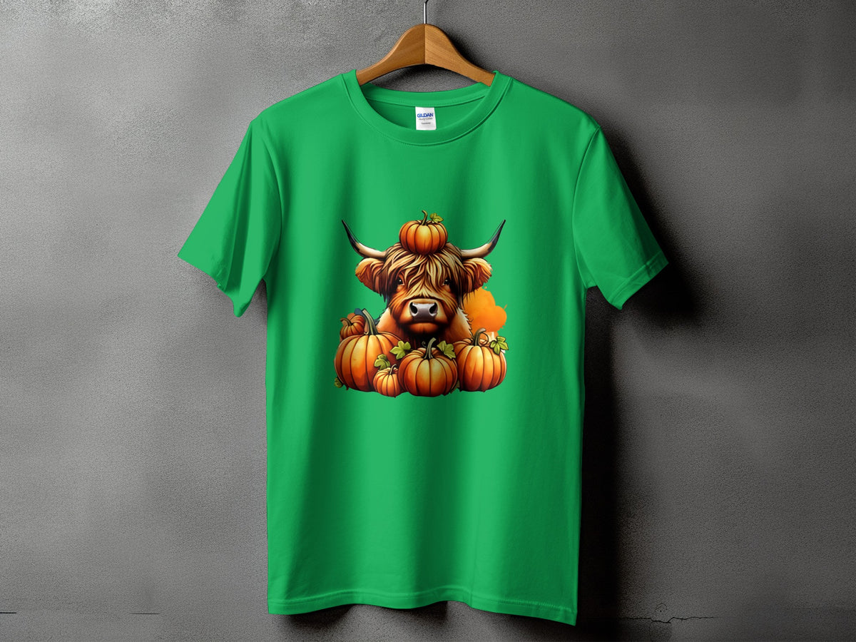 Green t-shirt with a Highland cow and pumpkins graphic.
