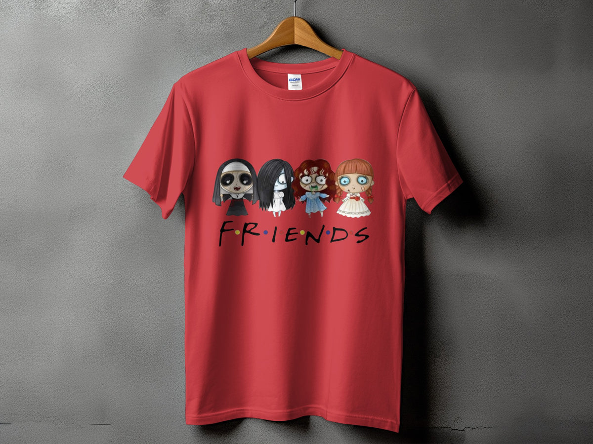 Red t-shirt with horror characters and the word FRIENDS.