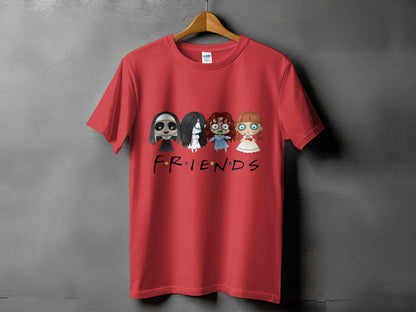 Red t-shirt with horror characters and the word FRIENDS.