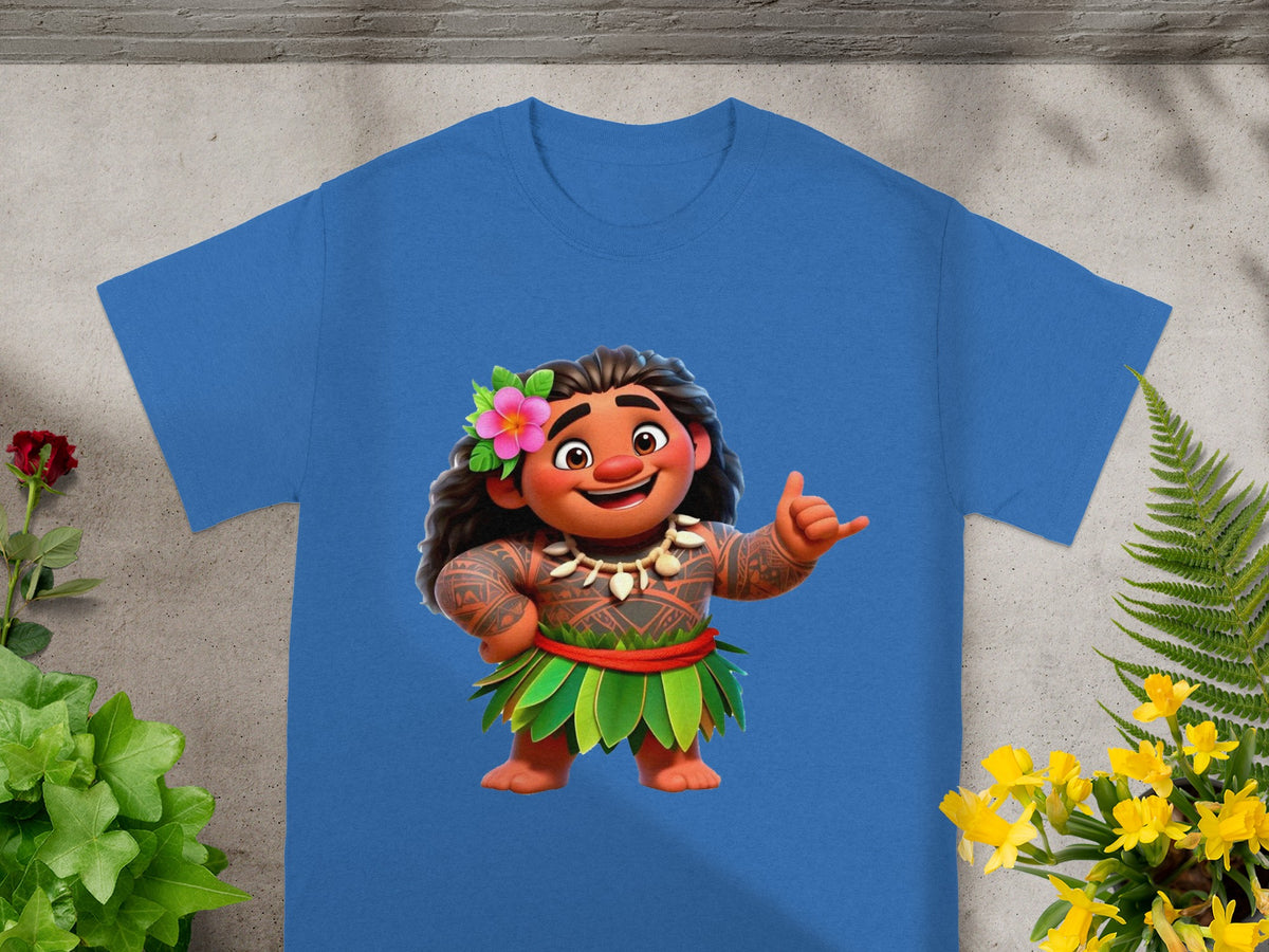 Blue t-shirt with Moana character illustration, showing her giving a shaka hand sign.