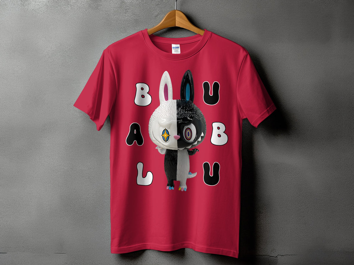 Red t-shirt with a black and white character and text "BALU"
