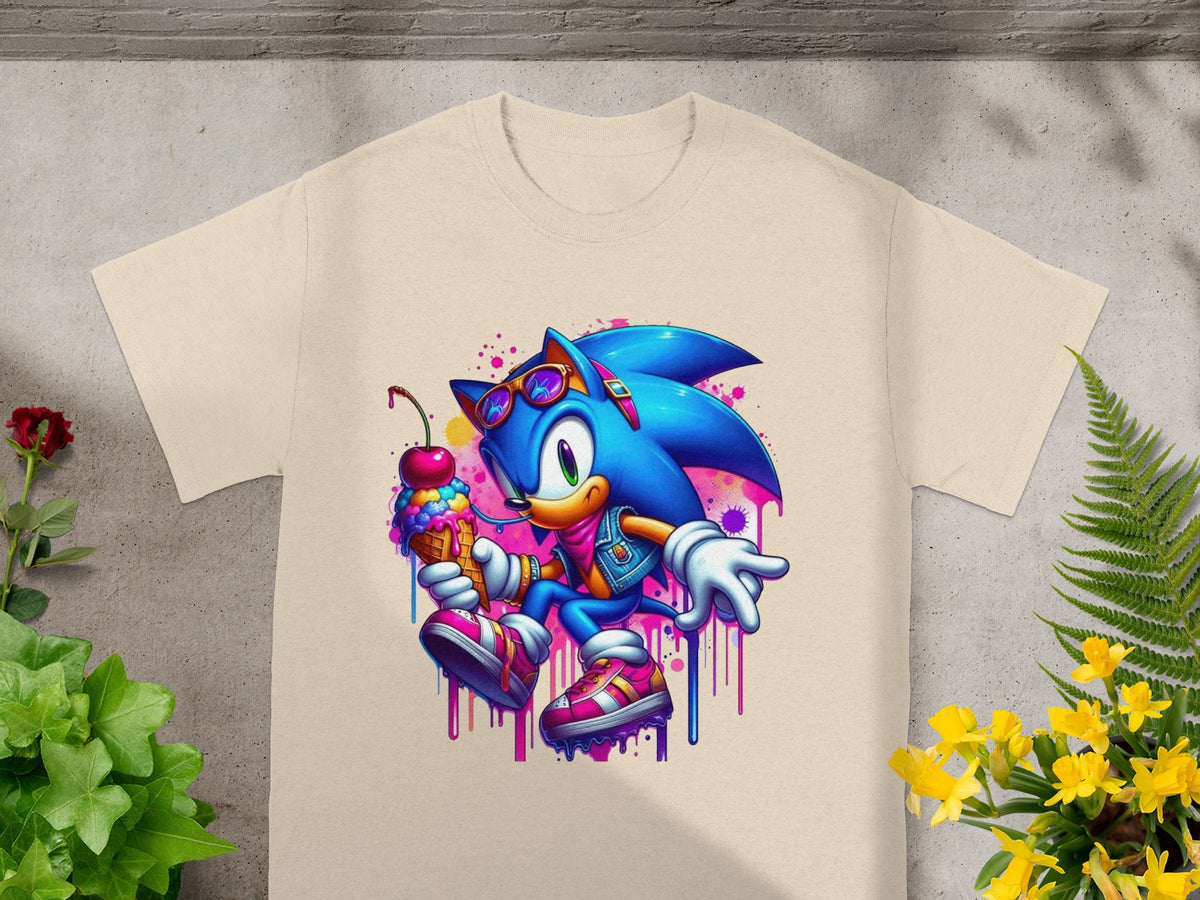 Sonic the Hedgehog with sunglasses holding an ice cream cone on a cream t-shirt.