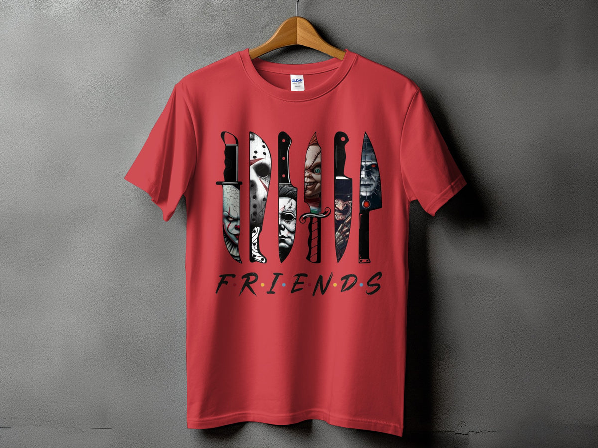 Red t-shirt with horror character knives and "FRIENDS" text.