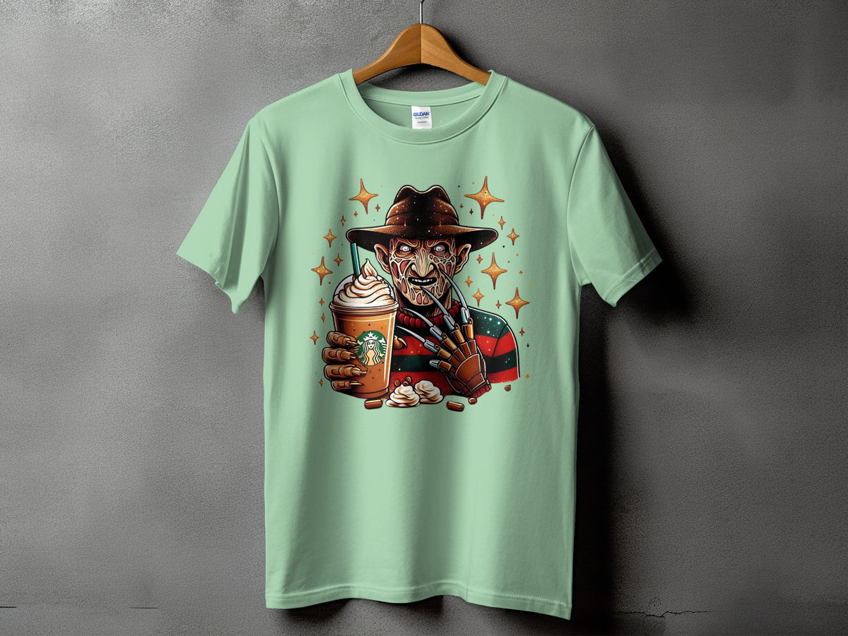 Freddy Krueger holding a Starbucks drink with cream and stars on a light green t-shirt.