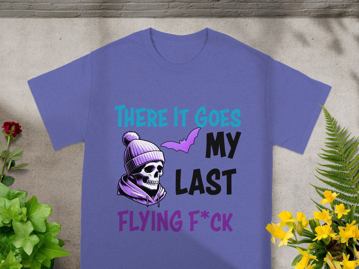 Purple t-shirt with skull, bat, and text "THERE IT GOES MY LAST FLYING F*CK".
