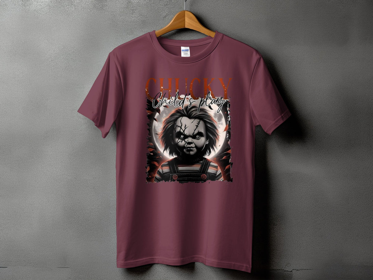 T-shirt with Chucky doll graphic and "Child's Play" text.