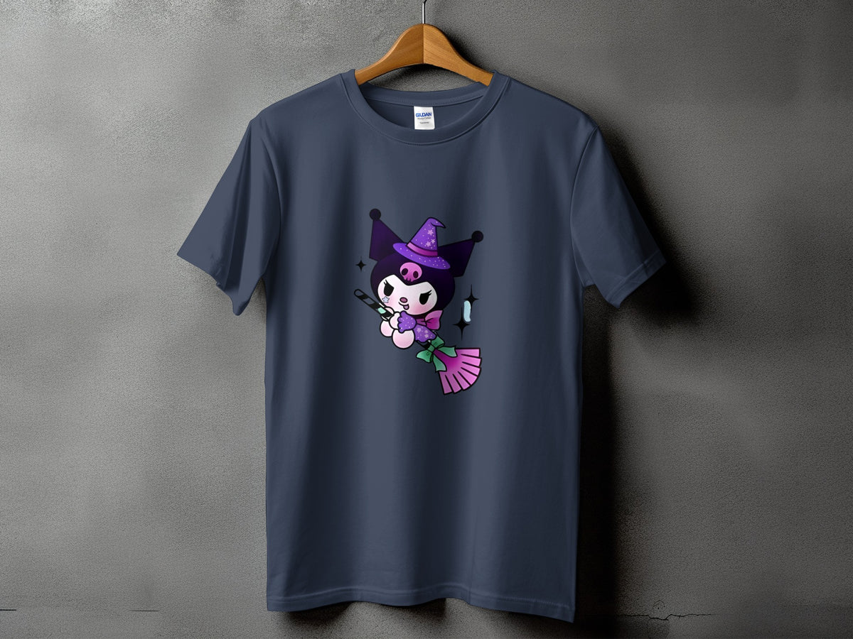 T-shirt with Kuromi wearing a witch hat and flying on a broom.