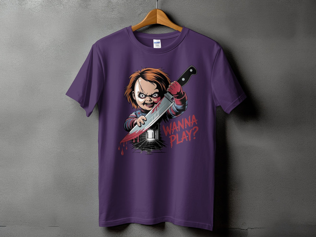 Purple t-shirt with Chucky doll holding a bloody knife and text "Wanna Play?".