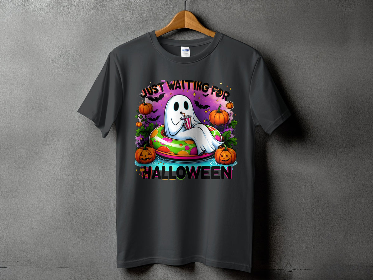 Ghost in a float with pumpkins, bats, and text "JUST WAITING FOR HALLOWEEN".