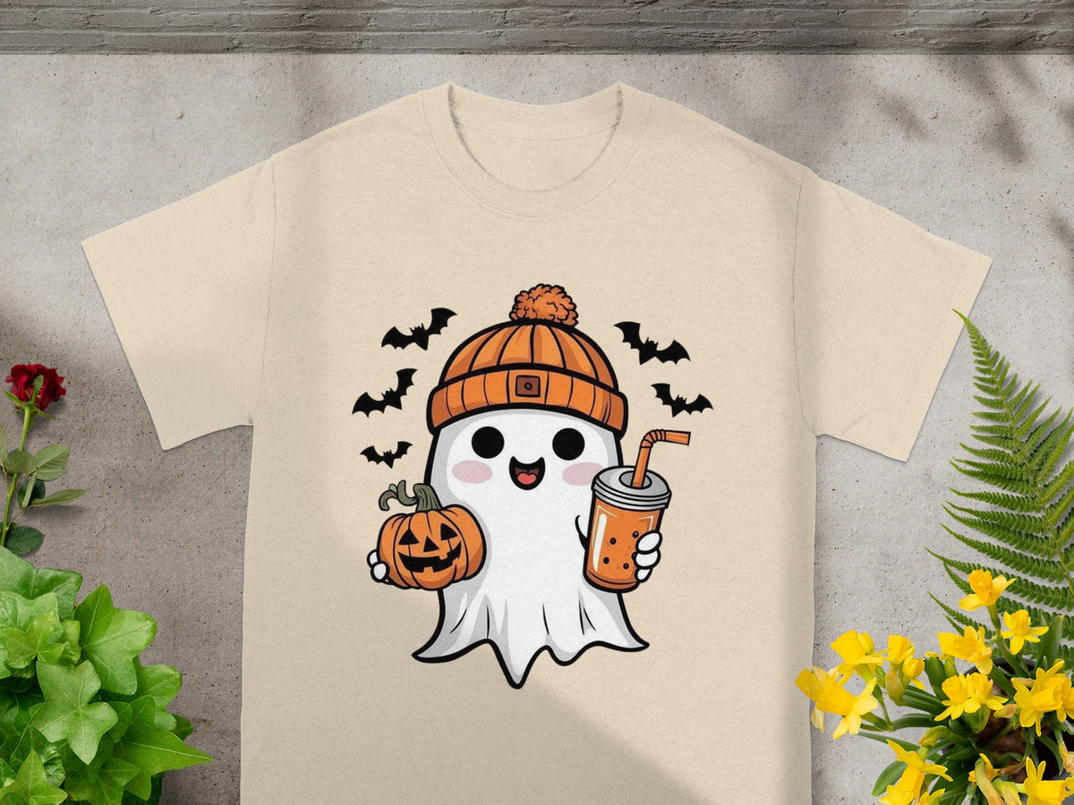 Cute ghost wearing an orange beanie holding a pumpkin and bubble tea with bats.