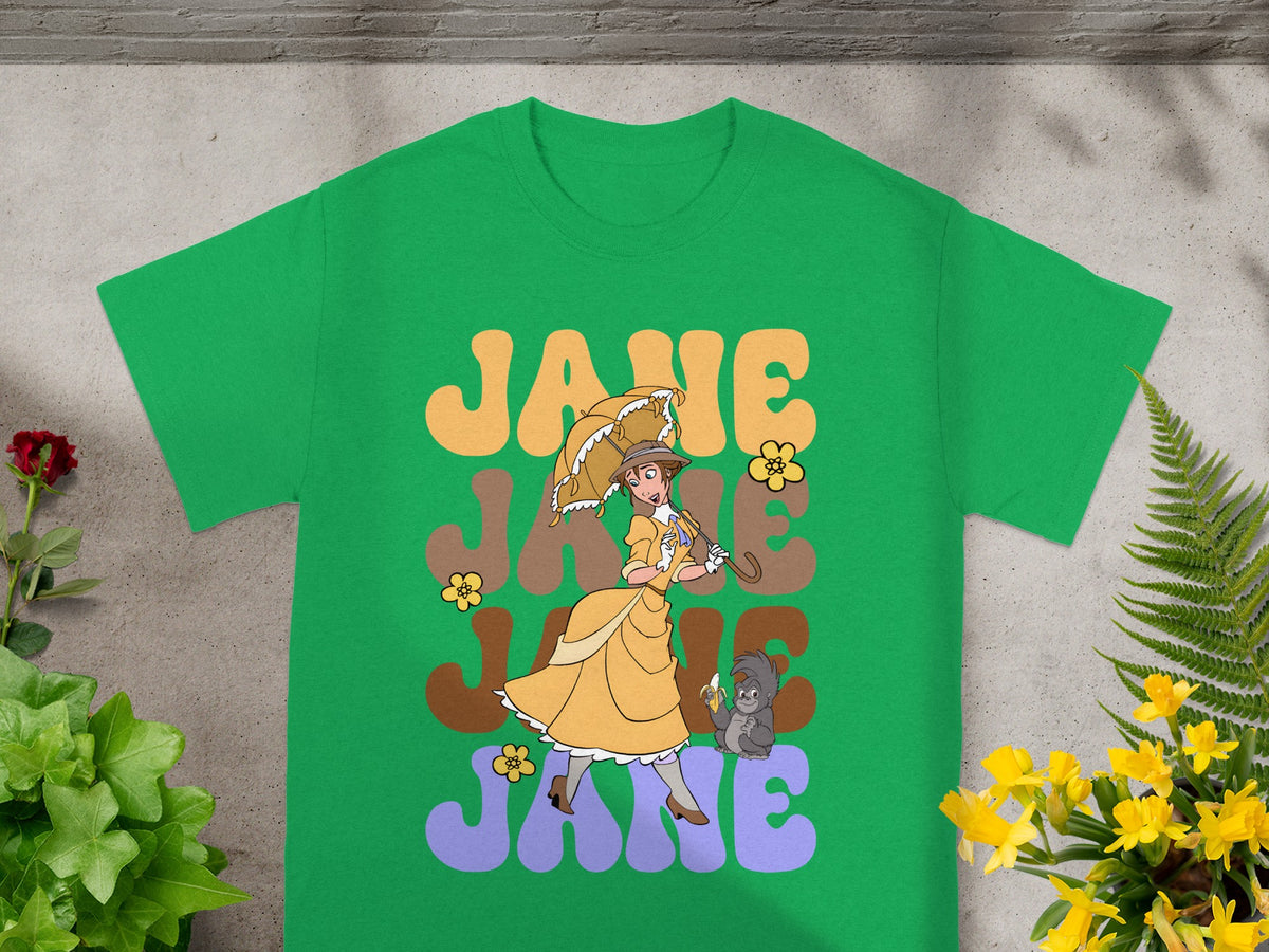 Green t-shirt with "JANE" text and illustration of a woman with a parasol.
