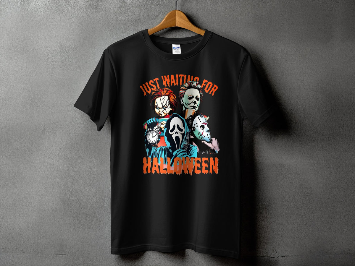 Black t-shirt with "Just Waiting For Halloween" and horror characters design.