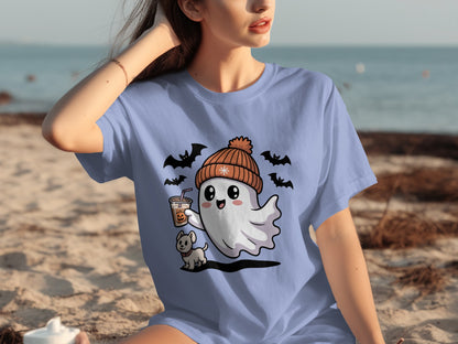 Cute Ghost with Beanie and Coffee Halloween Shirt