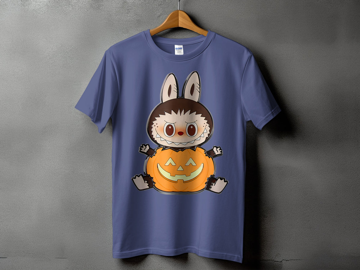Purple t-shirt featuring a cartoon character sitting inside a jack-o'-lantern.