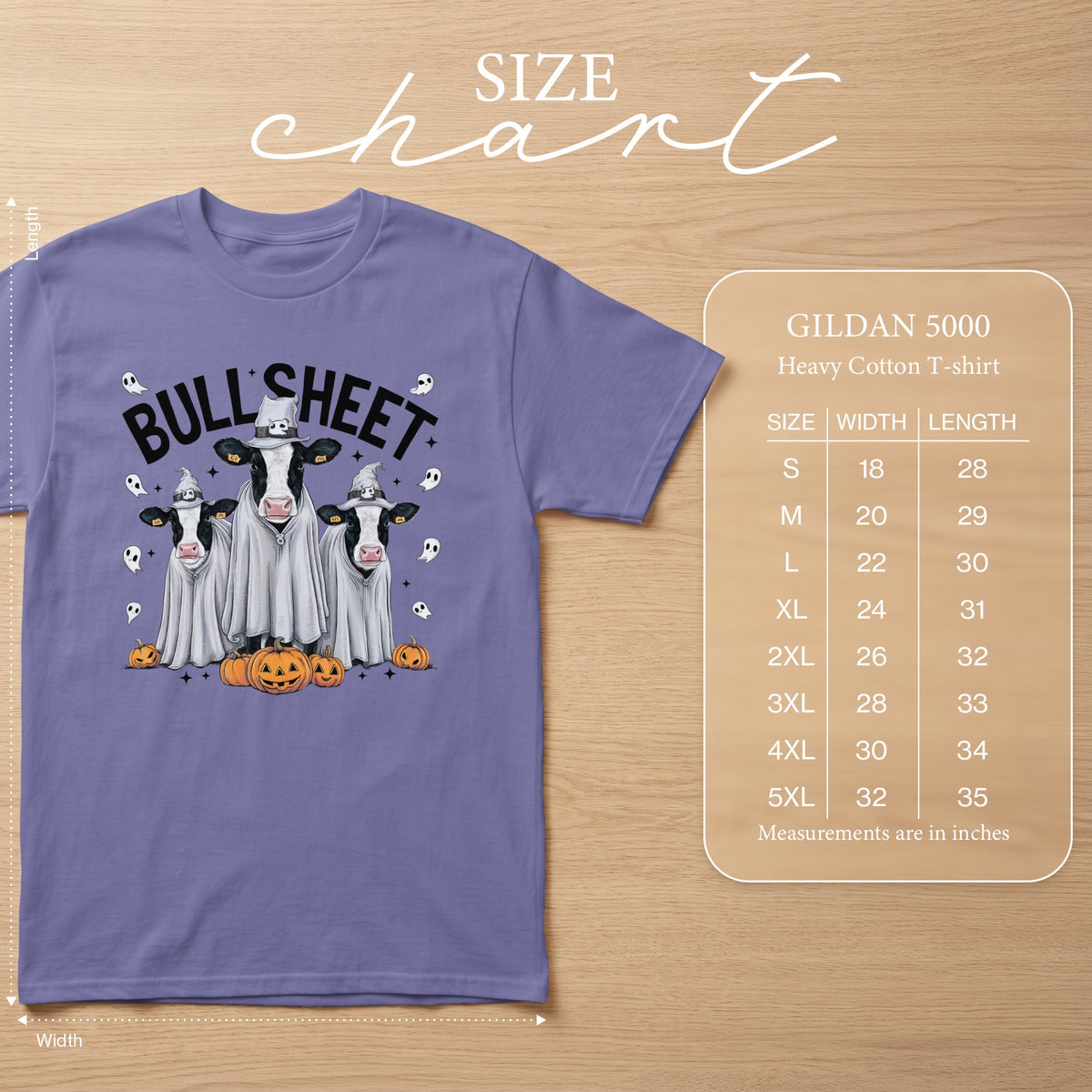 Purple t-shirt with cows in ghost costumes and pumpkins, text "BULL SHEET".